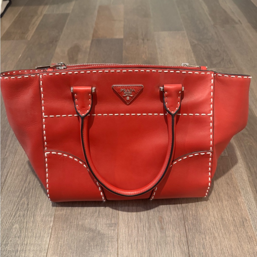 Prada  City Calf Small Hand Stitched Galleria Double Zip Tote Fuoco